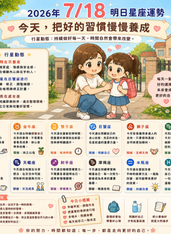 2026年7月18日 明日星座運勢  今天，把好的習慣慢慢養成  持續做好每一天，時間自然會帶來改變。