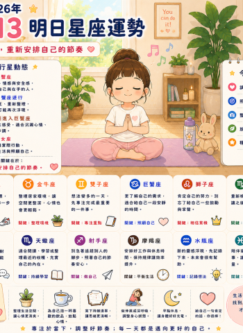 2026年7月13日 明日星座運勢  安排自己的節奏，不用和別人比較，找到適合自己的步調就好