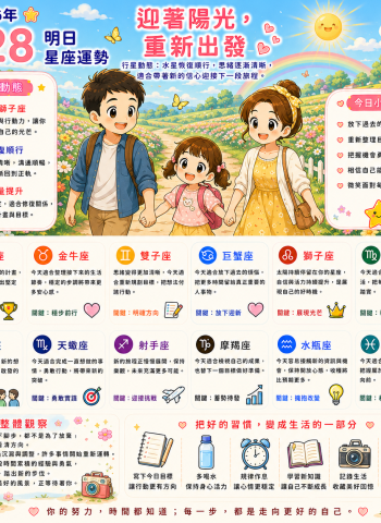 2026年7月28日 明日星座運勢  迎著陽光，重新出發！水星恢復順行，思緒逐漸清晰，適合帶著新的信心迎接下一段旅程。