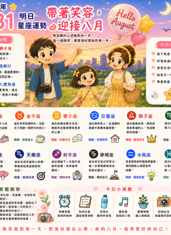 2026年7月31日 明日星座運勢  帶著笑容，迎接八月