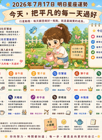 2026年7月17日 明日星座運勢  每天願意做好一點點，就是最踏實的成長。