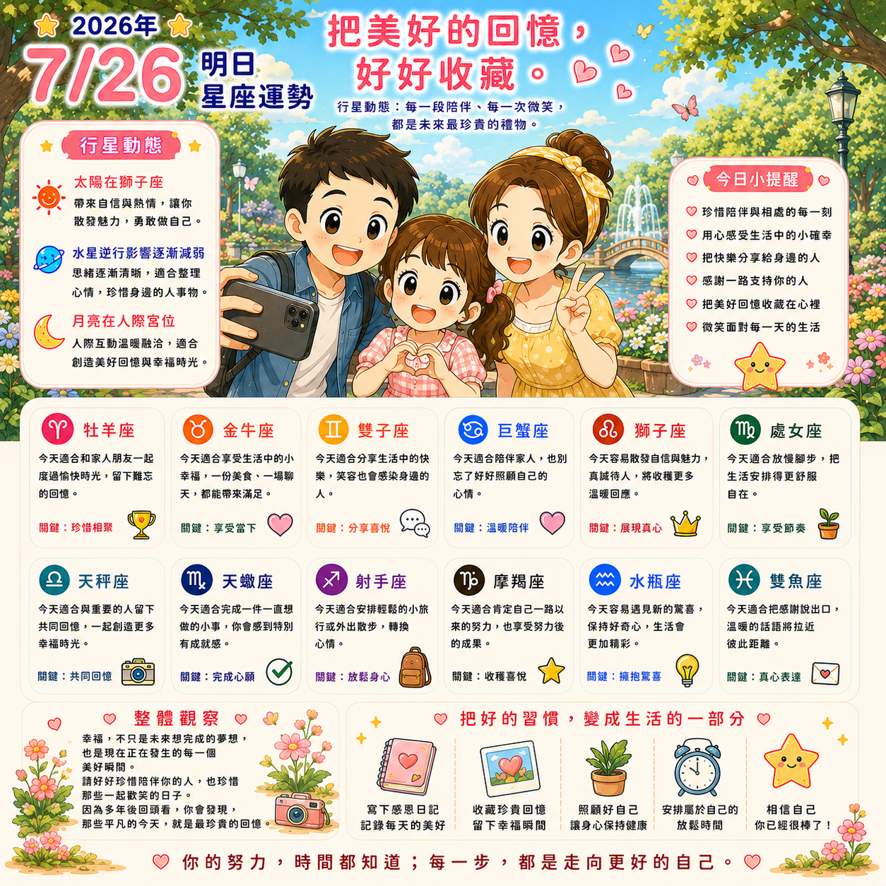 2026年7月26日 明日星座運勢 把美好的回憶,好好收藏 每一段陪伴、每一次微笑,都是未來最珍貴的禮物。