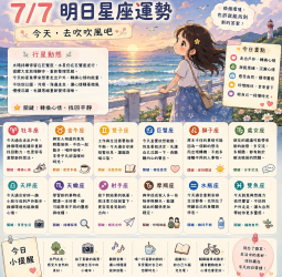 2026年7月7日 明日星座運勢  今天，去吹吹風吧！  換個環境，也許就能找到新的答案