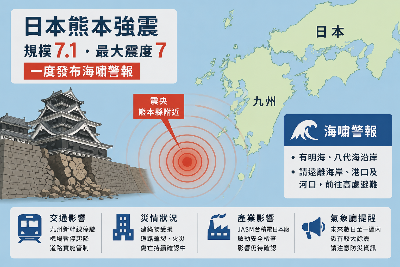 日本熊本規模7.1強震襲九州 最大震度7、曾發布海嘯警報 交通大亂災情持續確認