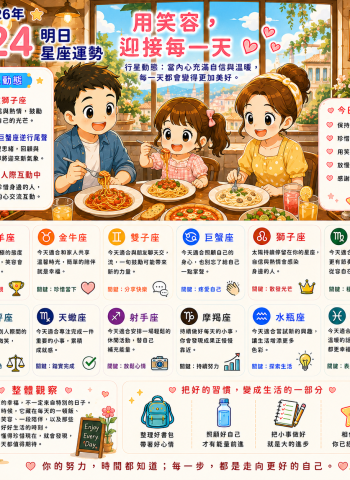 2026年7月24日 明日星座運勢 用笑容，迎接每一天  當內心充滿自信與溫暖，每一天都會變得更加美好。