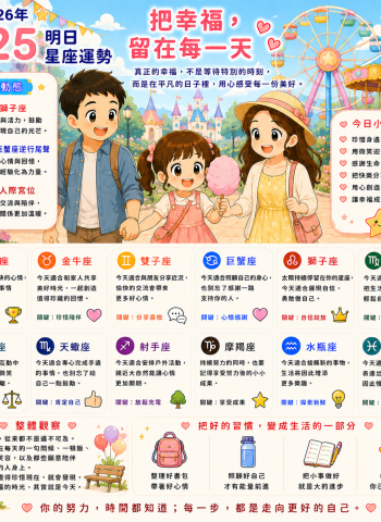 2026年7月25日 明日星座運勢  把幸福，留在每一天  真正的幸福，不是等待特別的時刻，而是在平凡的日子裡，用心感受每一份美好。