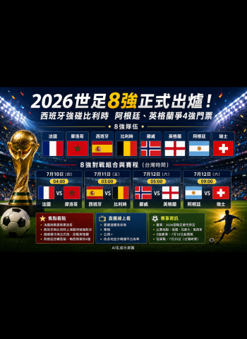 2026世足8強正式出爐！西班牙強碰比利時　阿根廷、英格蘭爭4強門票