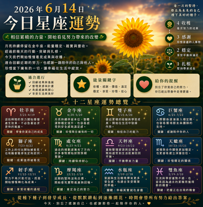 2026年6月14日 明日星座運勢  相信累積的力量，開始看見努力帶來的改變