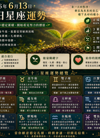 2026年6月13日 明日星座運勢  放慢腳步穩定累積，開始看見努力的價值
