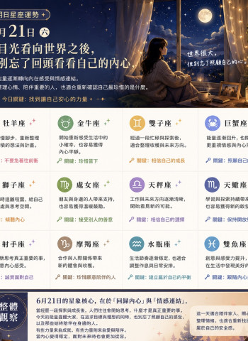 2026年6月21日 明日星座運勢 當目光看向世界之後，也別忘了回頭看看自己的內心