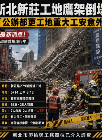 新莊工地10層鷹架突倒塌！7工人受困 1人OHCA命危送醫
