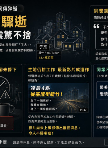 30歲前驟逝！基隆房仲YouTuber子杰睡夢中離世 同業Zack悲痛：為何不聽休息