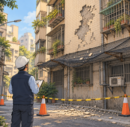 士林文林路海砂屋磁磚大片剝落　防護網塌陷、北市派員勘檢