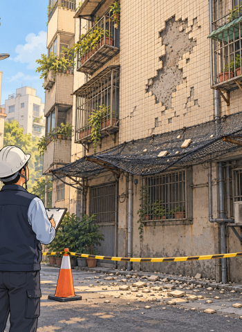 士林文林路海砂屋磁磚大片剝落　防護網塌陷、北市派員勘檢