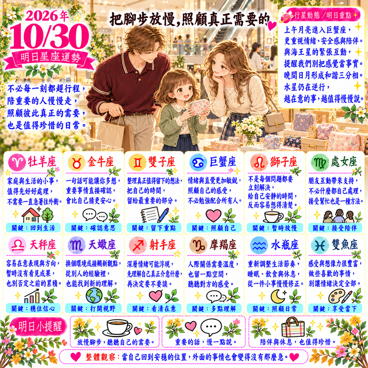 2026年10月30日 明日星座運勢  把腳步放慢，照顧真正需要的