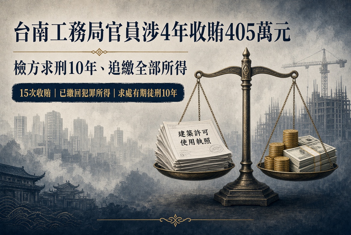 台南工務局官員涉4年收賄405萬元　檢方求刑10年、追繳全部所得