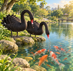 黑天鵝竟會「餵魚」！后里環保公園上演療癒互動畫面